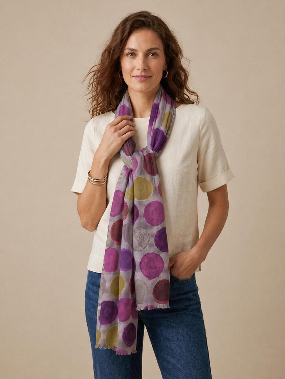 Watercolor Dot Cotton Scarf | Oversized 100 × 200 cm Wrap | Ocean Blue & Berry Plum