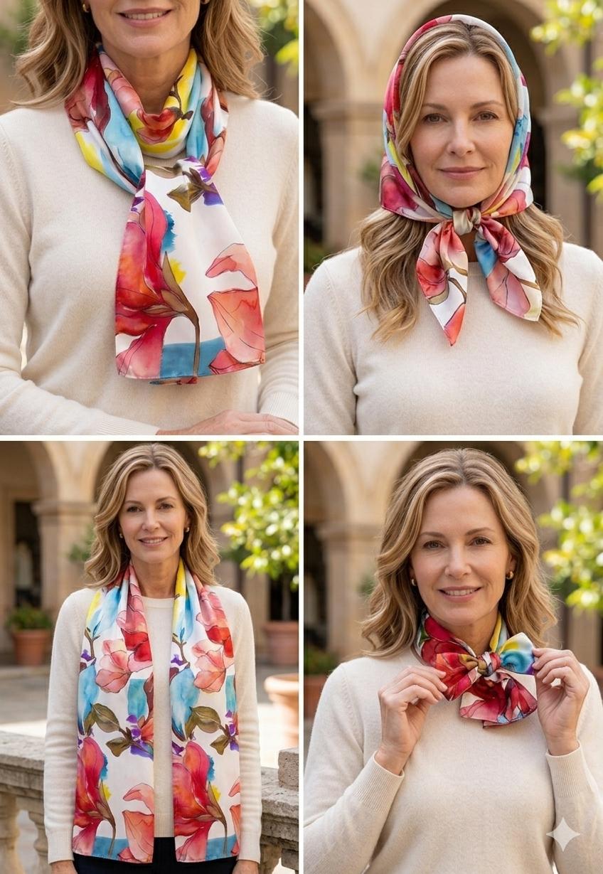 Luxury Magnolia Silk Scarf 90x90 cm | Watercolor Floral Square Scarf