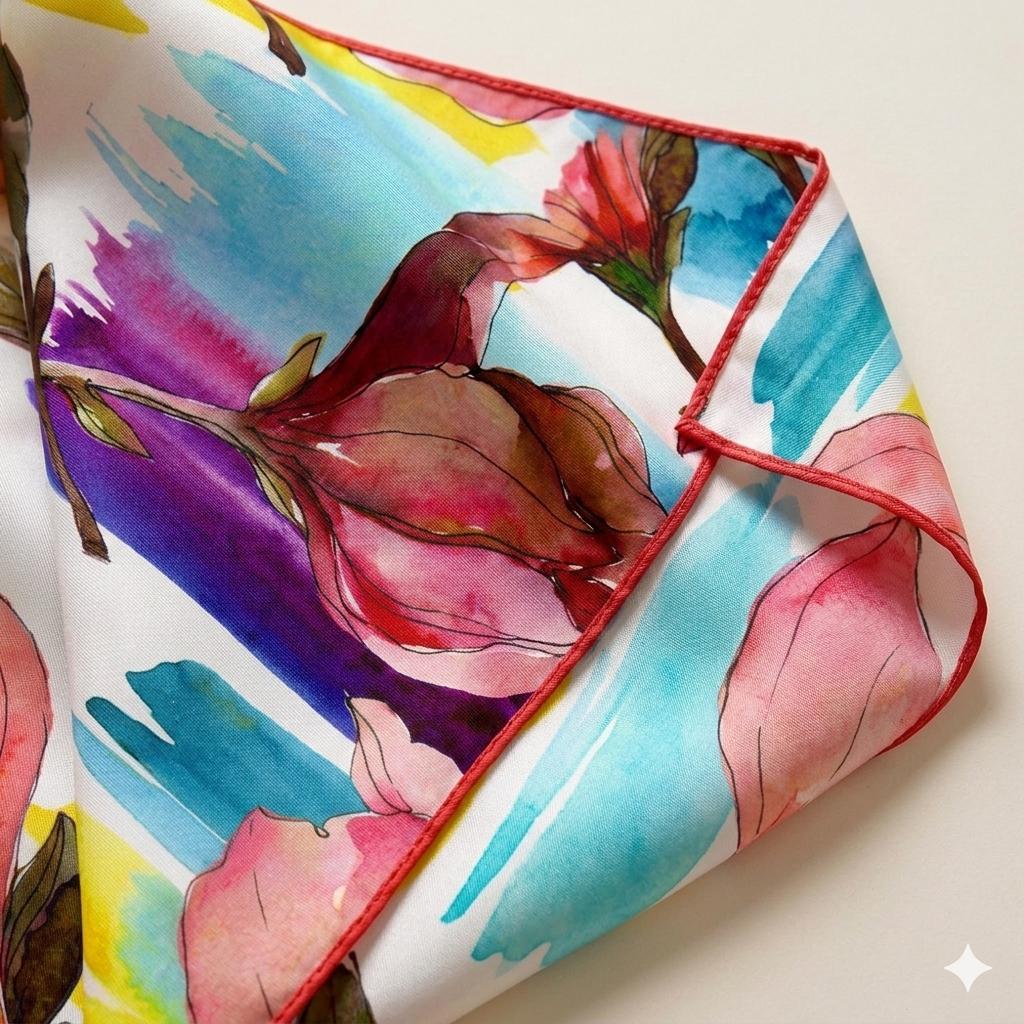 Luxury Magnolia Silk Scarf 90x90 cm | Watercolor Floral Square Scarf