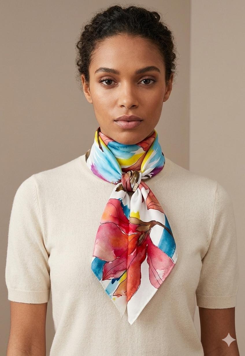 Luxury Magnolia Silk Scarf 90x90 cm | Watercolor Floral Square Scarf