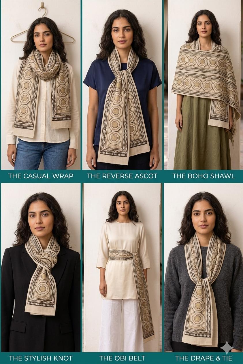 Geometric Heritage Cotton Scarf | Oversized 100 × 200 cm Neutral Wrap