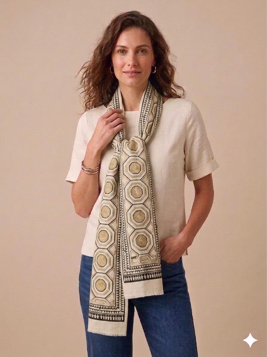Geometric Heritage Cotton Scarf | Oversized 100 × 200 cm Neutral Wrap