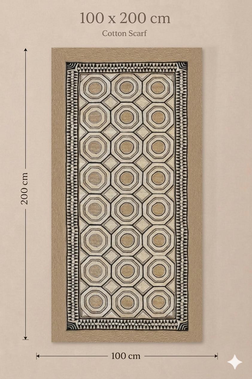 Geometric Heritage Cotton Scarf | Oversized 100 × 200 cm Neutral Wrap
