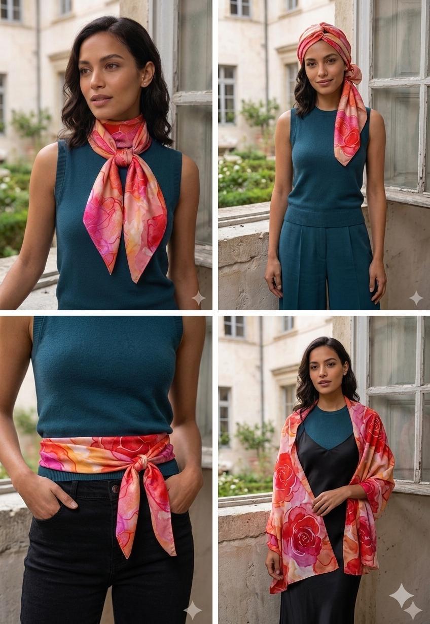Luxury Pink Peony Silk Scarf 90x90 cm | Floral Square Silk Scarf