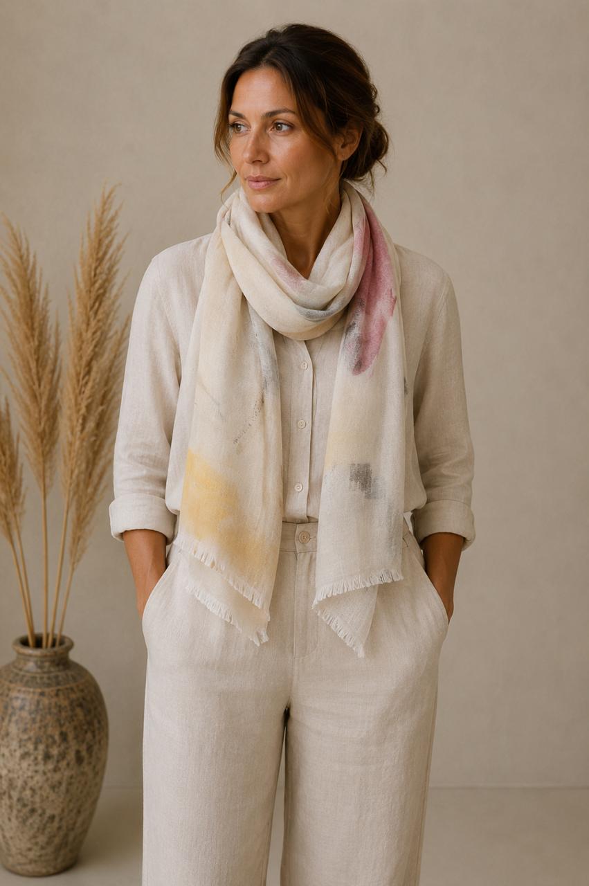 Abstract Art Linen Scarf | 100% Linen Stole | Lightweight Neutral Wrap | 55 x 180 cm