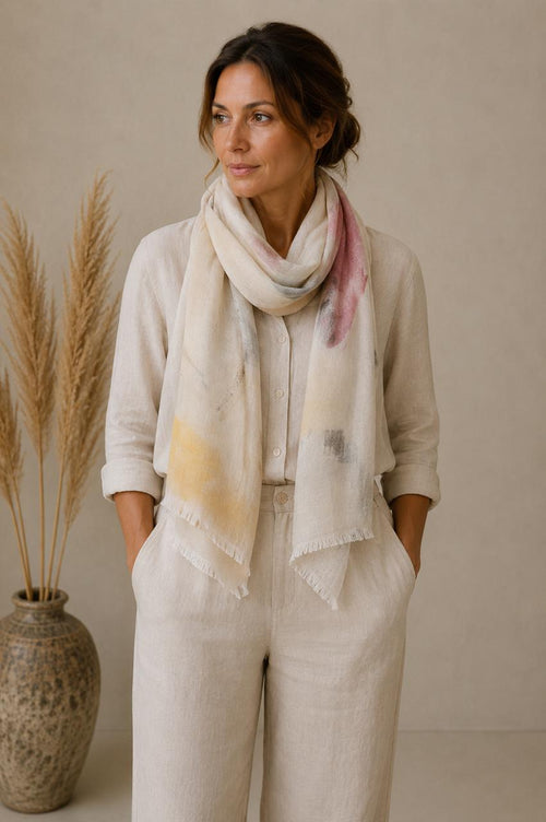Abstract Art Linen Scarf | 100% Linen Stole | Lightweight Neutral Wrap | 55 x 180 cm