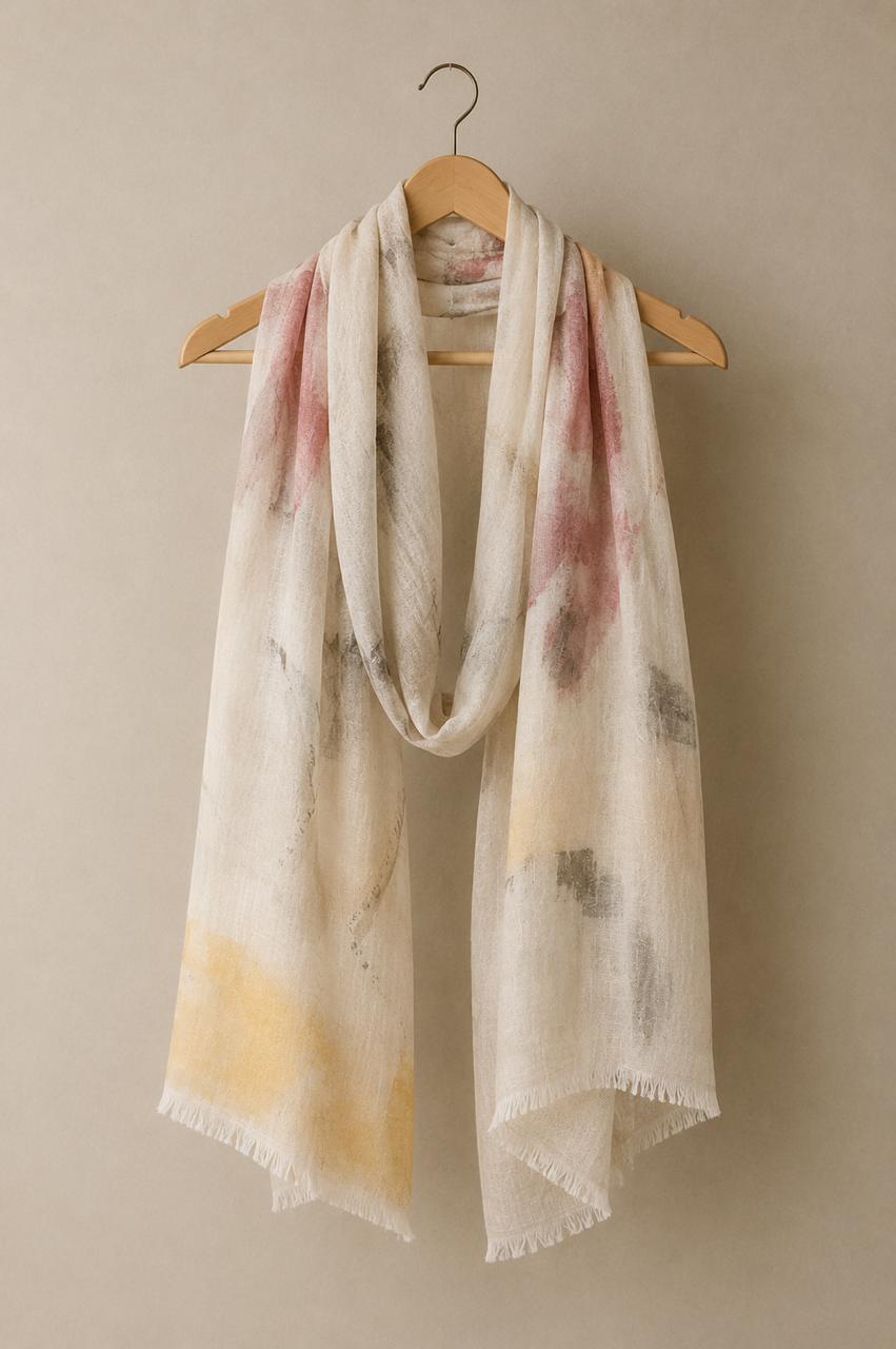 Abstract Art Linen Scarf | 100% Linen Stole | Lightweight Neutral Wrap | 55 x 180 cm