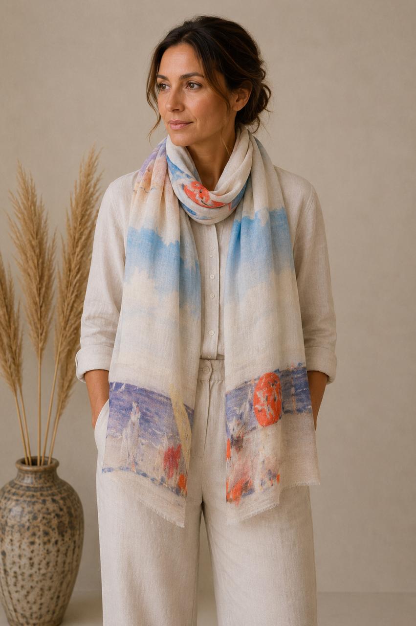 Coastal Linen Scarf | Beach Print Linen Wrap | Lightweight Travel Scarf | 55 x 180 cm