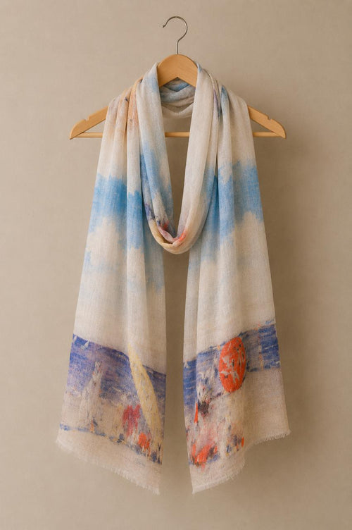 Coastal Linen Scarf | Beach Print Linen Wrap | Lightweight Travel Scarf | 55 x 180 cm