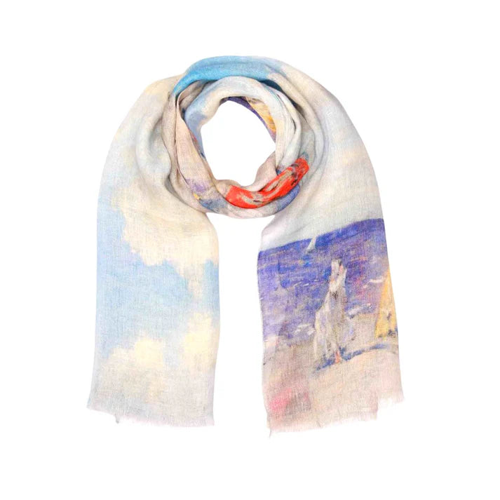 Coastal Linen Scarf | Beach Print Linen Wrap | Lightweight Travel Scarf | 55 x 180 cm