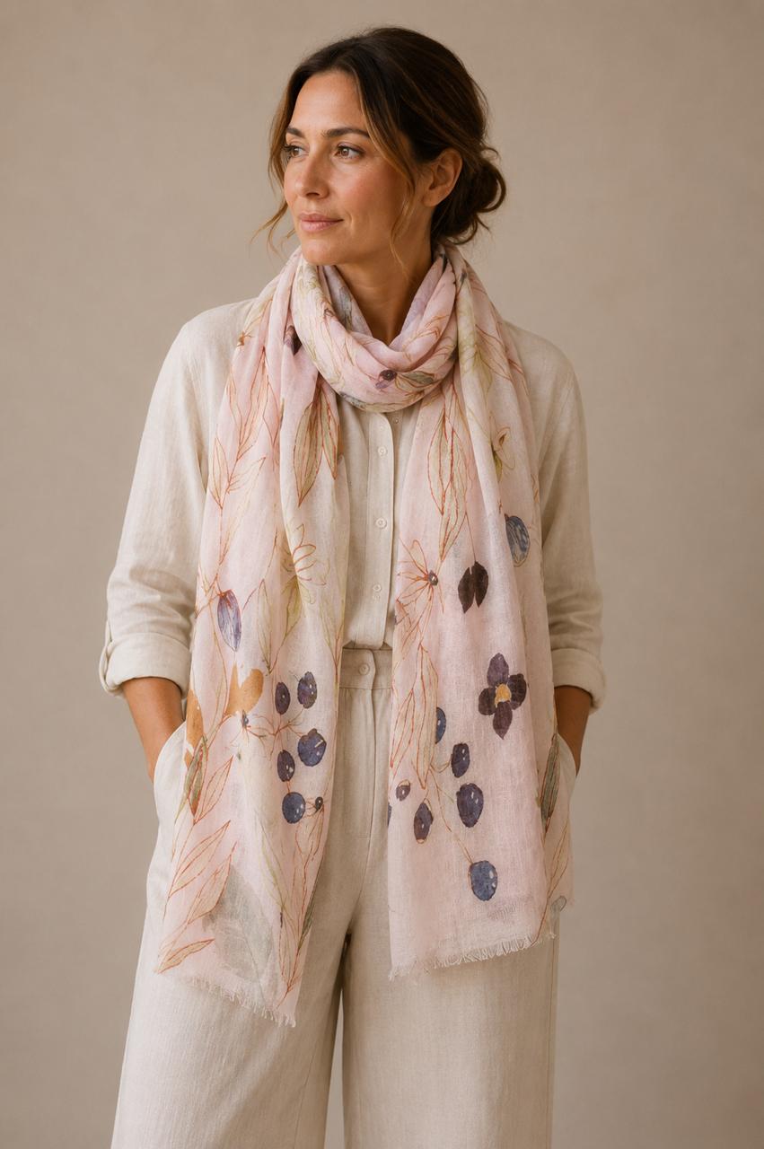 Wild Meadow Linen Stole | Botanical Linen Scarf | Lightweight Floral Wrap | 55 x 180 cm