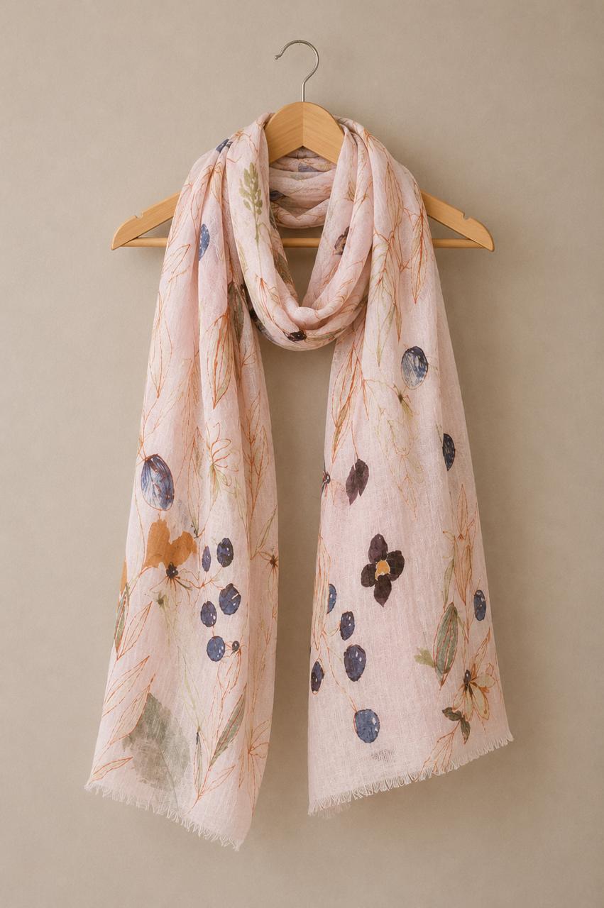 Wild Meadow Linen Stole | Botanical Linen Scarf | Lightweight Floral Wrap | 55 x 180 cm