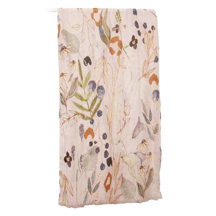Wild Meadow Linen Stole | Botanical Linen Scarf | Lightweight Floral Wrap | 55 x 180 cm