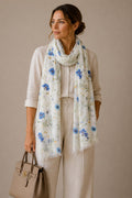 Blue Wildflower Linen Scarf | Botanical Floral Linen Stole | Lightweight Wrap | 55 x 180 cm