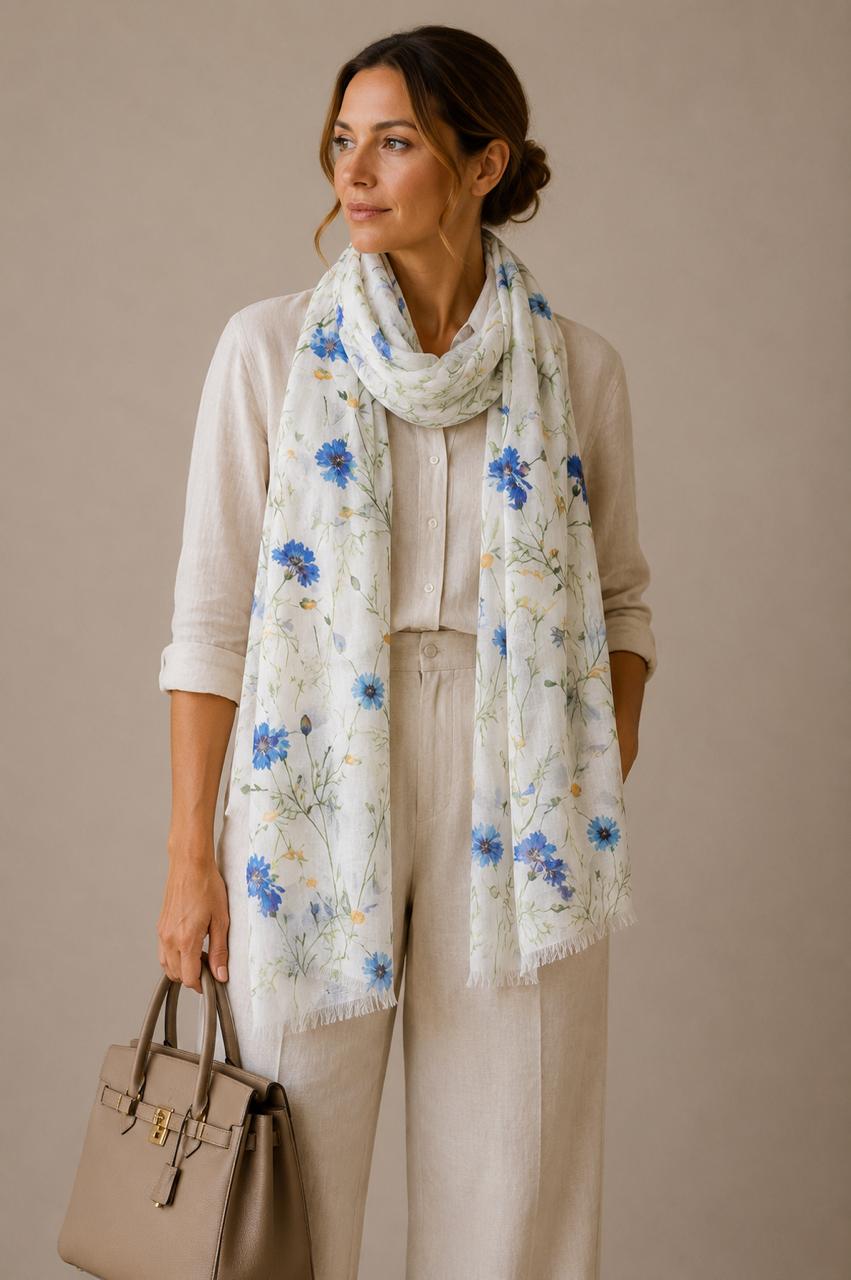 Blue Wildflower Linen Scarf | Botanical Floral Linen Stole | Lightweight Wrap | 55 x 180 cm