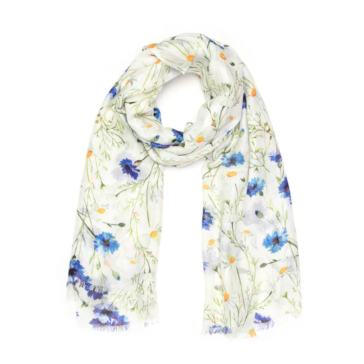 Blue Wildflower Linen Scarf | Botanical Floral Linen Stole | Lightweight Wrap | 55 x 180 cm