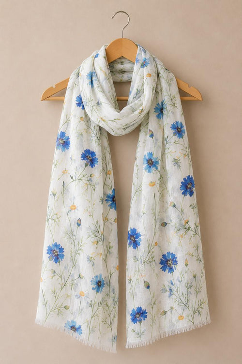 Blue Wildflower Linen Scarf | Botanical Floral Linen Stole | Lightweight Wrap | 55 x 180 cm
