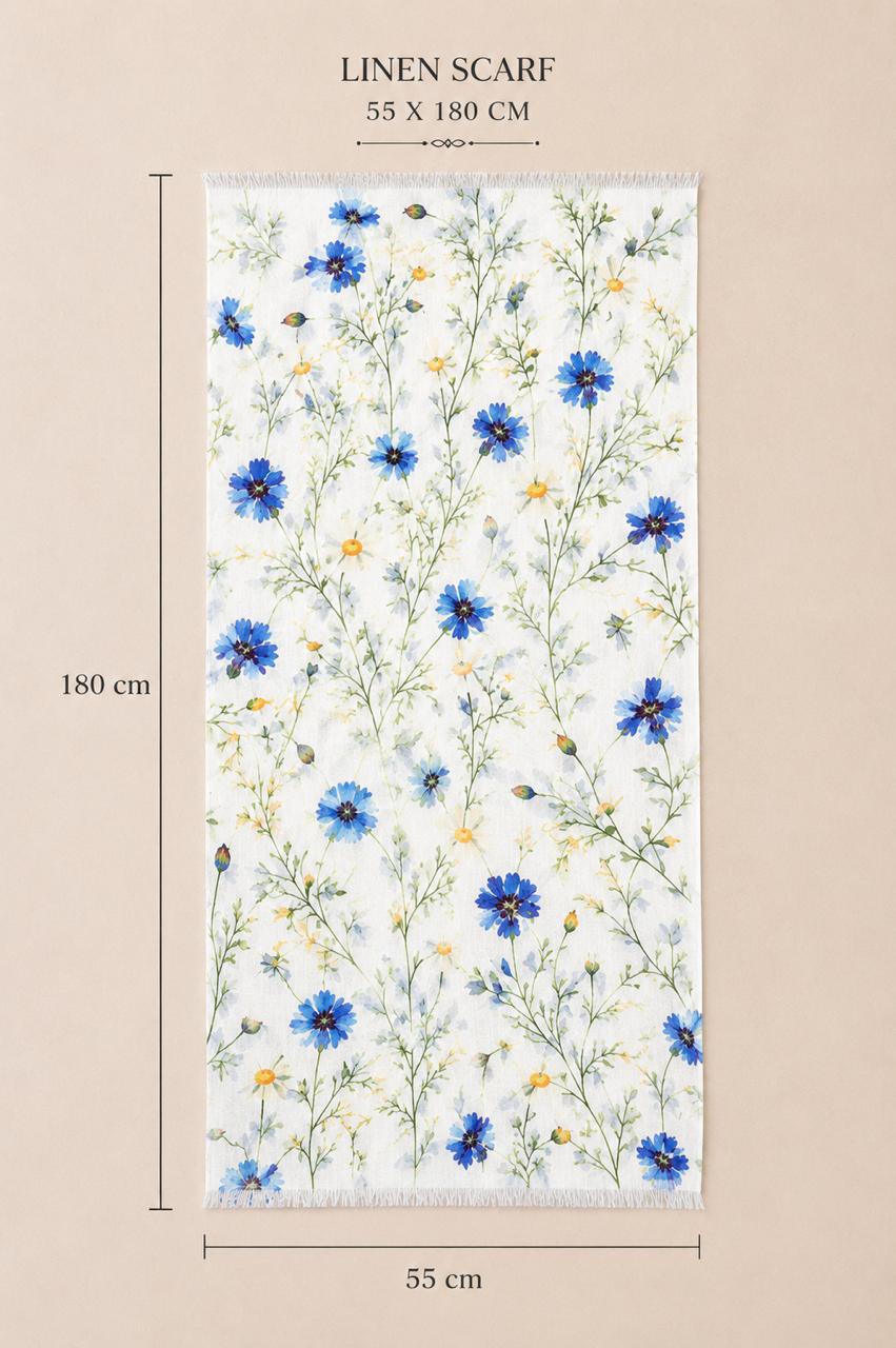 Blue Wildflower Linen Scarf | Botanical Floral Linen Stole | Lightweight Wrap | 55 x 180 cm