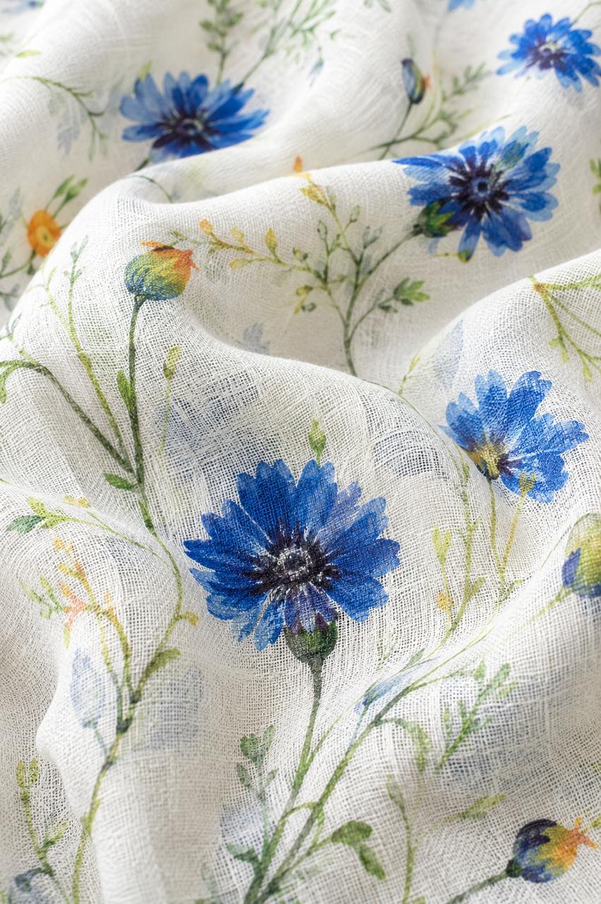 Blue Wildflower Linen Scarf | Botanical Floral Linen Stole | Lightweight Wrap | 55 x 180 cm