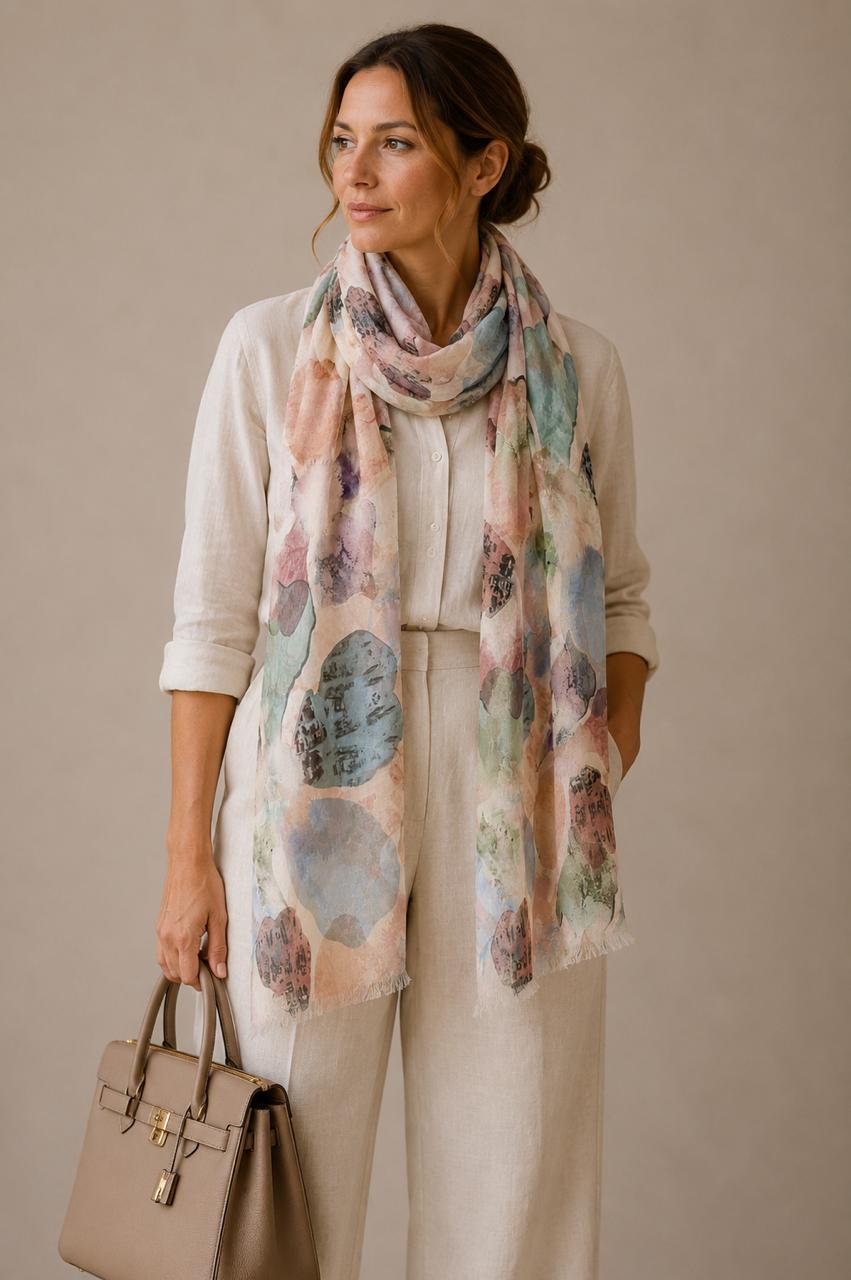 Abstract Watercolor Linen Scarf | Lightweight Linen Stole | Artistic Wrap | 55 x 180 cm
