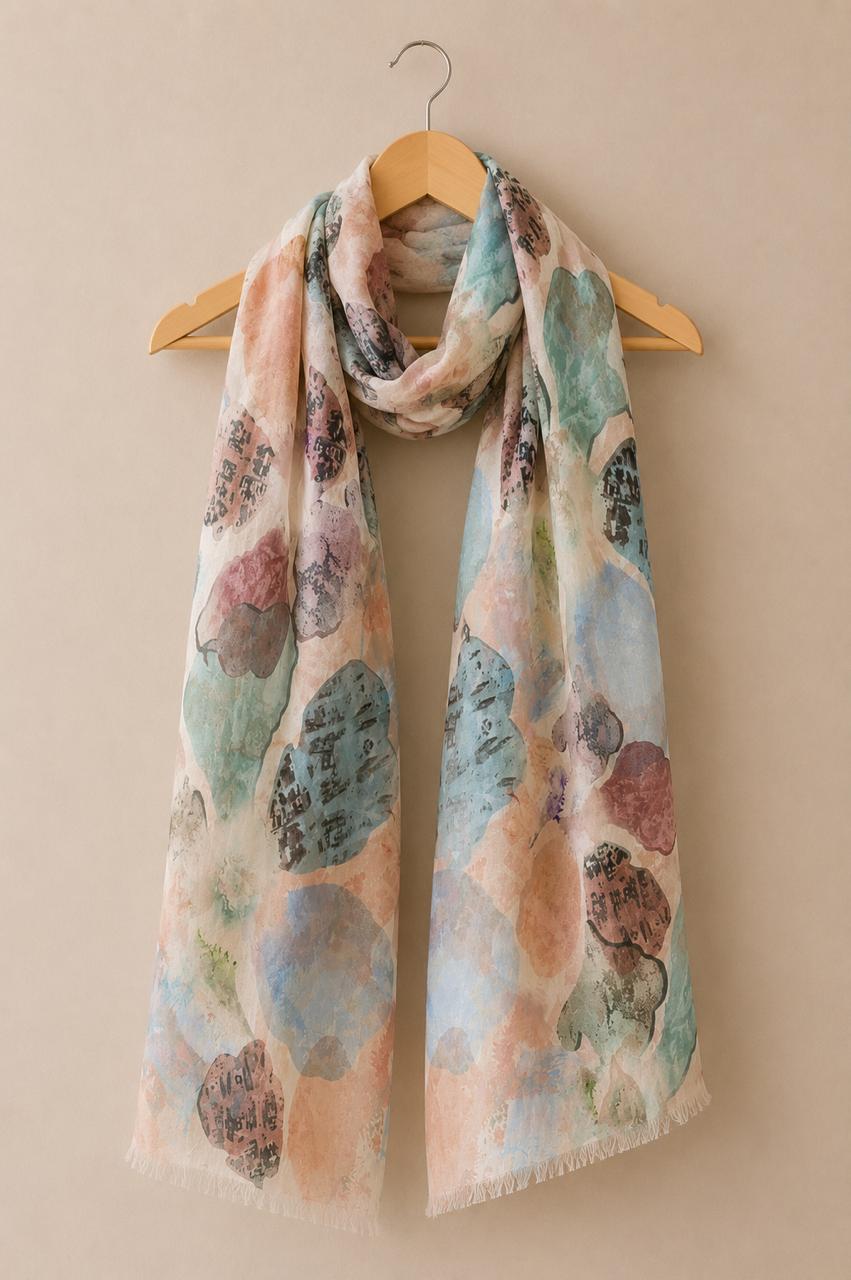Abstract Watercolor Linen Scarf | Lightweight Linen Stole | Artistic Wrap | 55 x 180 cm