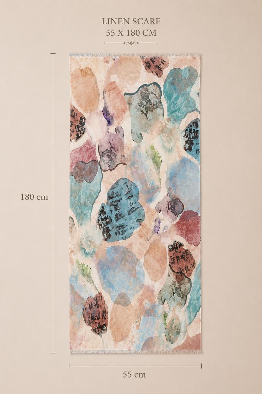 Abstract Watercolor Linen Scarf | Lightweight Linen Stole | Artistic Wrap | 55 x 180 cm
