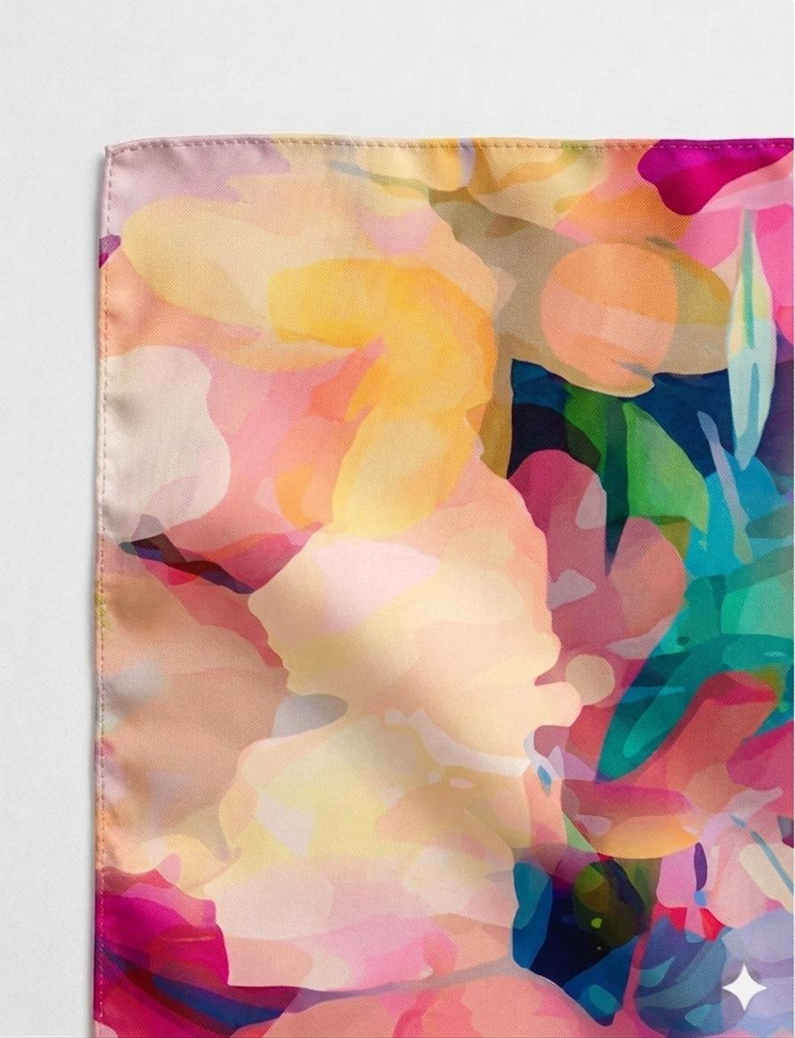Pure Silk Square Scarf | Floral Watercolor Print | 90x90 cm