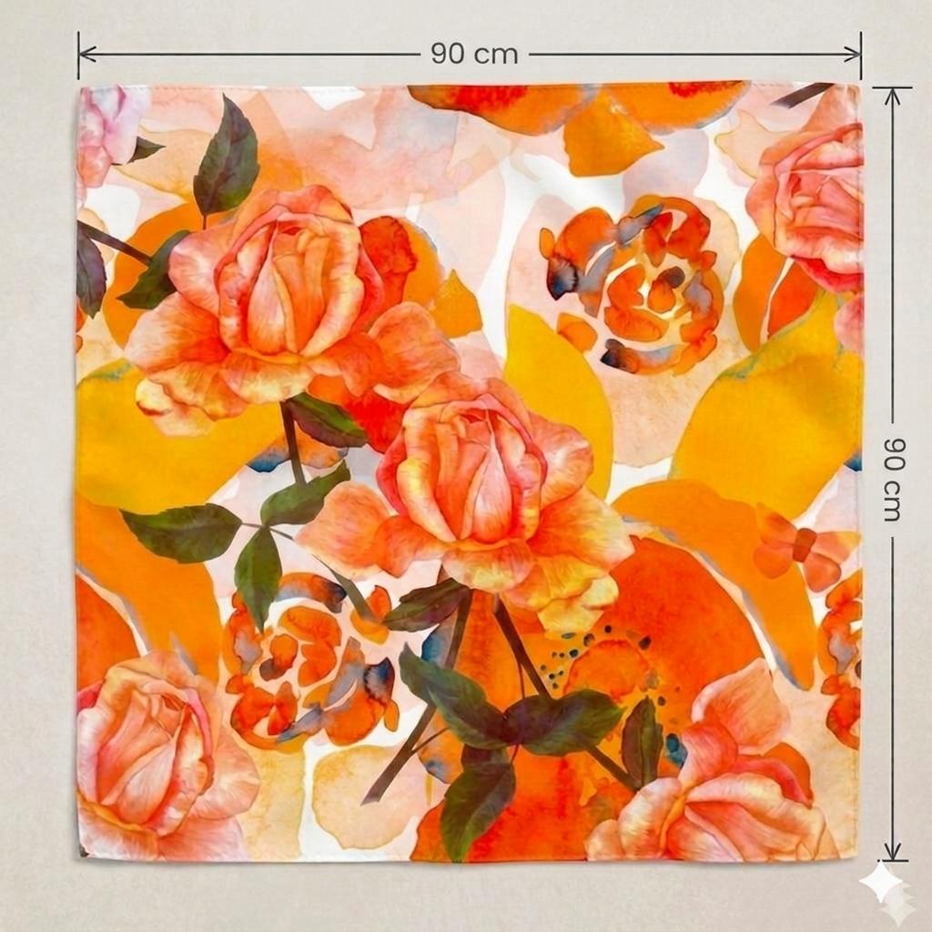 Serenca Silk Scarf 90 × 90 cm | Luxury Floral Square Scarf | Orange Rose Designer Silk Scarf