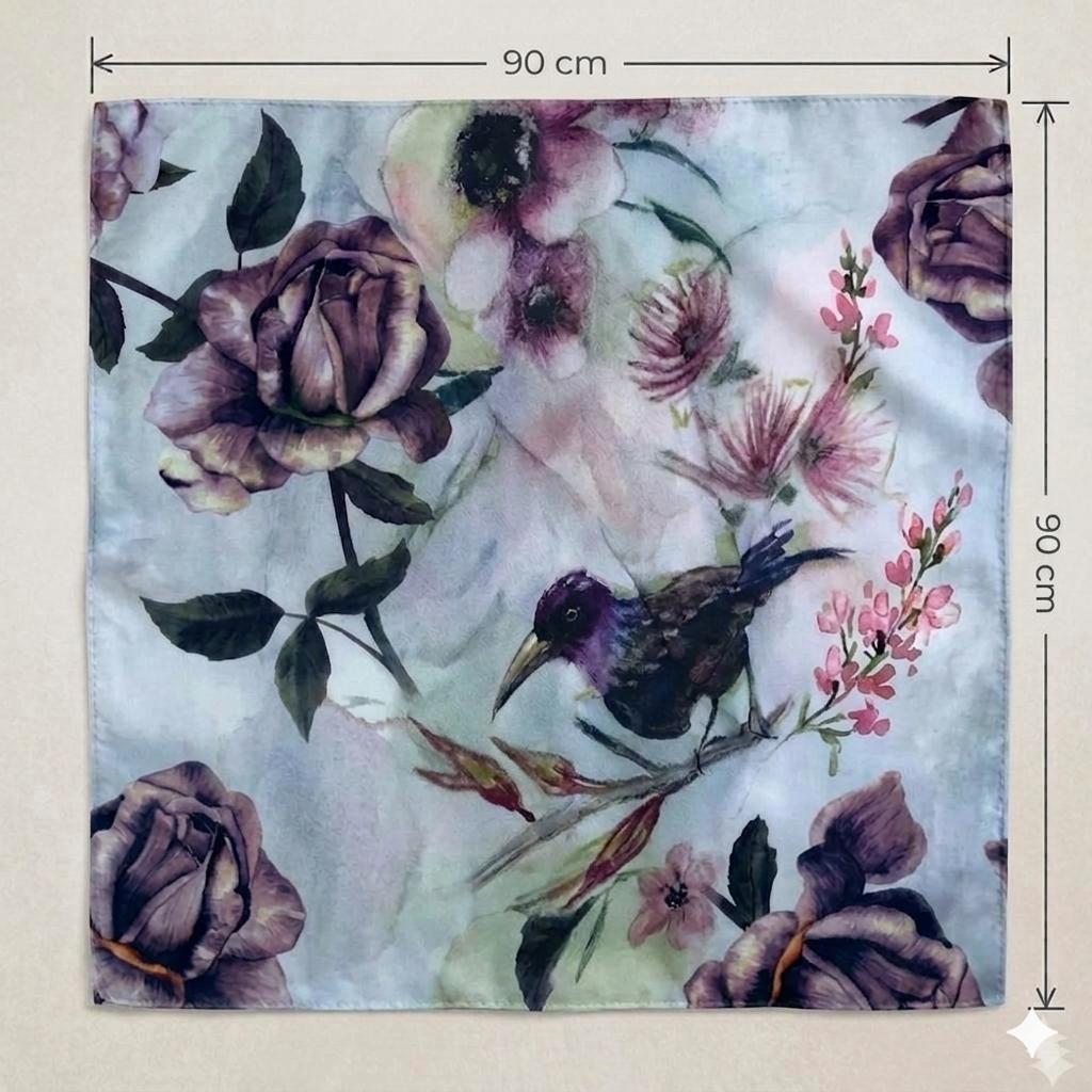 Luxury Floral Bird Silk Scarf 90x90 cm | Vintage Botanical Scarf