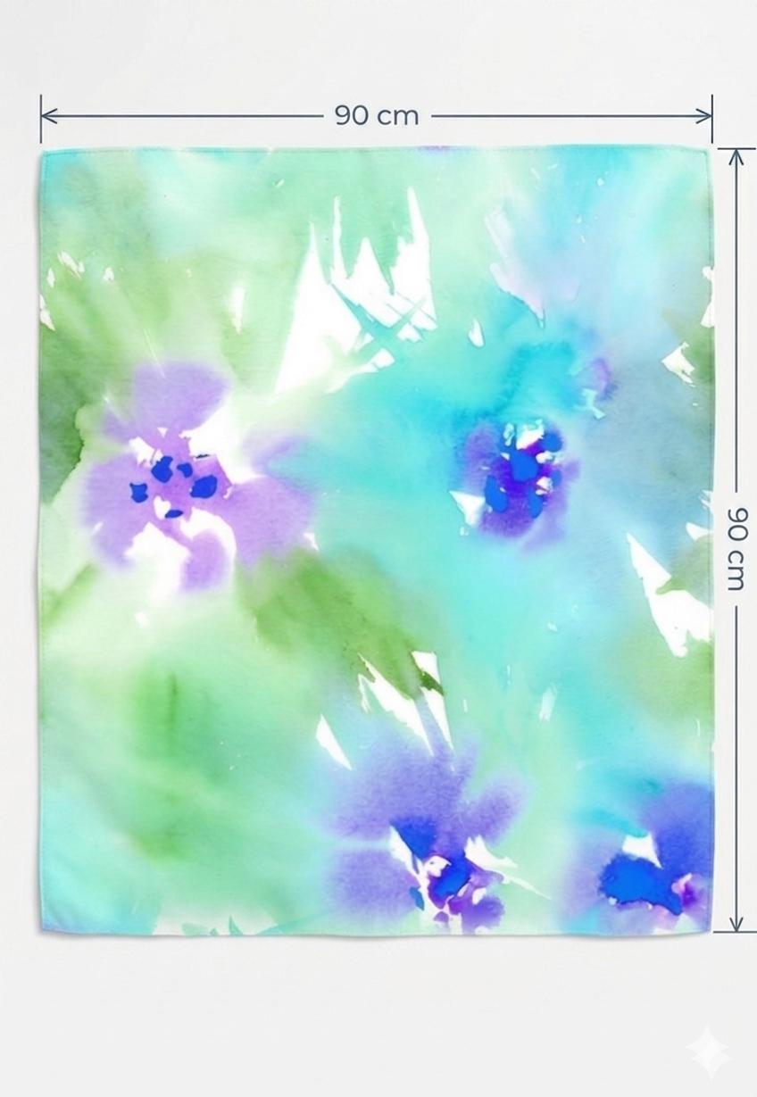 Luxury Aqua Floral Silk Scarf 90x90 cm | Women's Square Silk Scarf