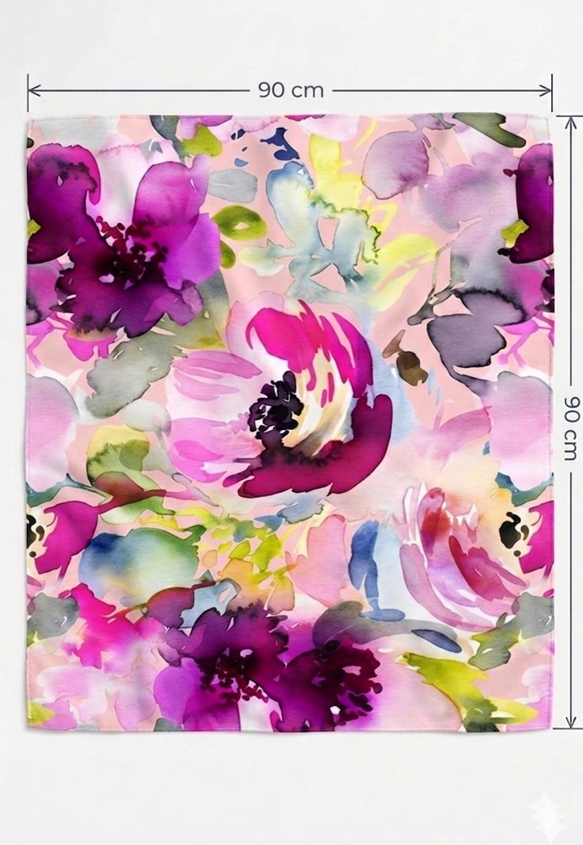 Luxury Peony Silk Scarf 90x90 cm | Pink Purple Floral Square Scarf