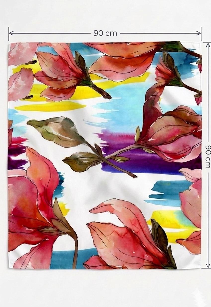 Luxury Magnolia Silk Scarf 90x90 cm | Watercolor Floral Square Scarf