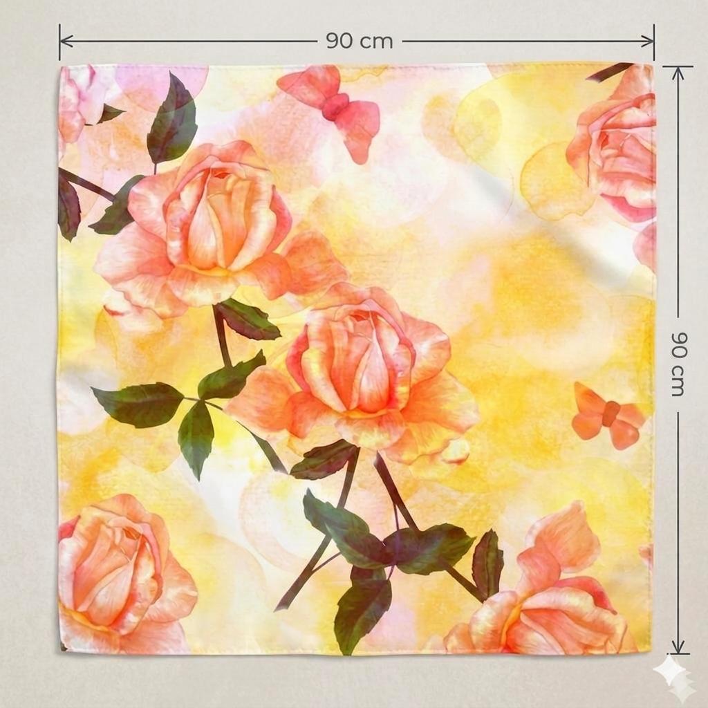 Luxury Rose Silk Scarf 90x90 cm | Peach Floral Square Silk Scarf