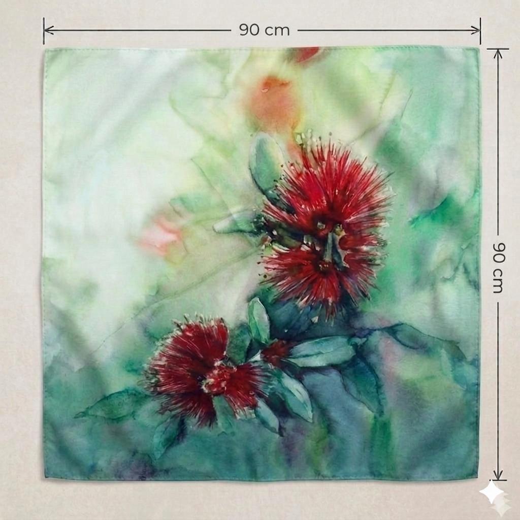 Crimson Floral Silk Scarf 90x90 cm | Luxury Botanical Silk Scarf