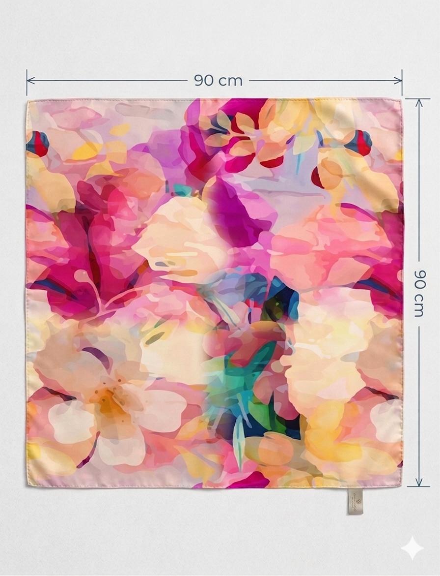 Pure Silk Square Scarf | Floral Watercolor Print | 90x90 cm